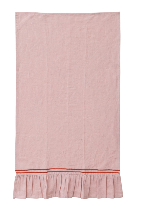 Cotton & Linen Tea Towel w/ Embroidered Stripes & Ruffle, Pink
