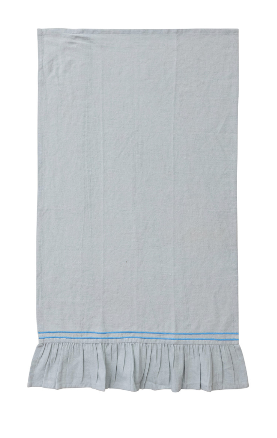 Cotton & Linen Tea Towel w/ Embroidered Stripes & Ruffle, Blue
